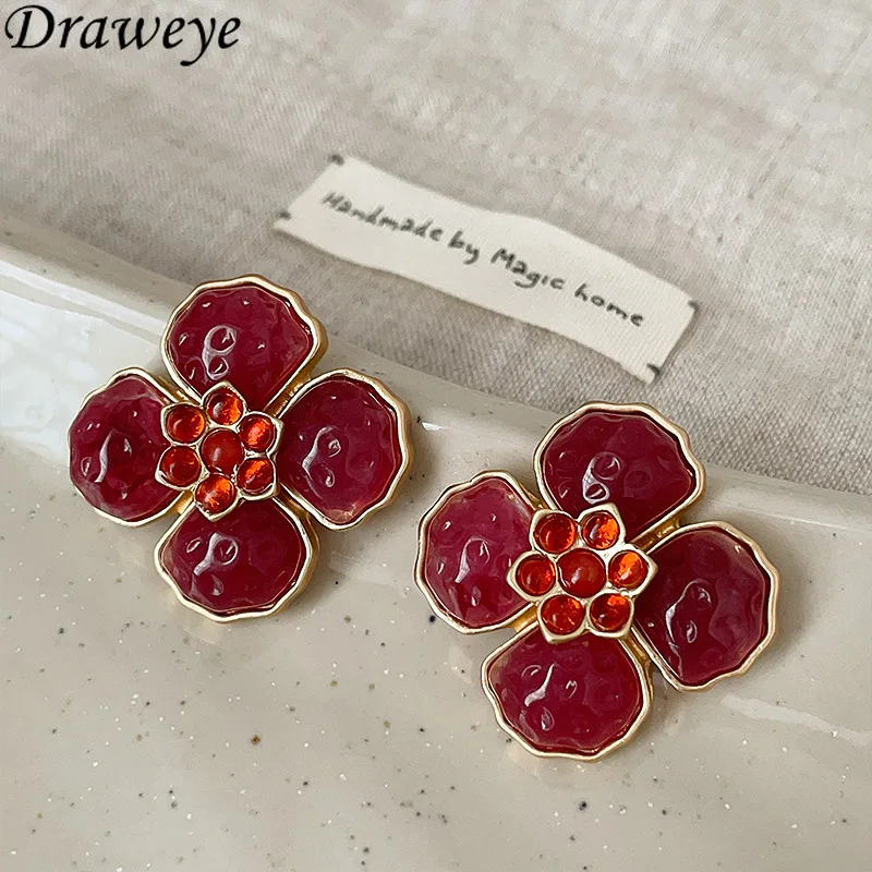 Draweye-pendientes De flores rojas para Mujer, Aretes elegantes medievales, joyería Vintage, dulce, exquisita moda coreana