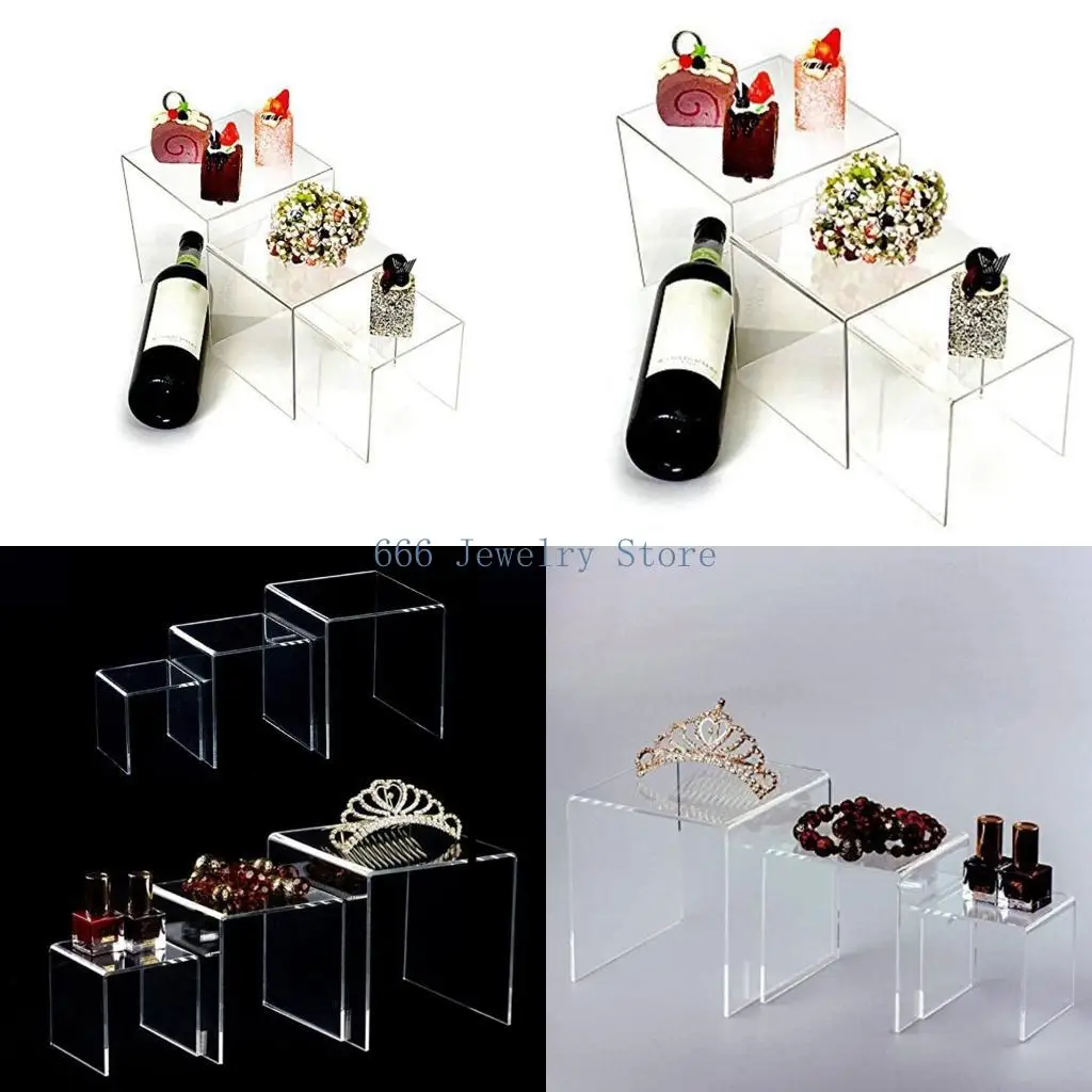 

F2TD Acrylic Display Risers Clear Stand Set of 3 Medium Low Profile Tiered for Showcasing Dessert Retail & Home Decoration
