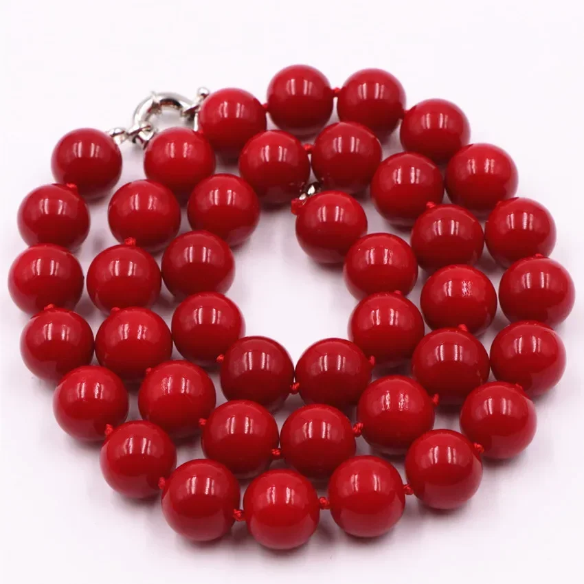 Fashion Statement Women Artificial Coral Red Stone 10mm Beads Necklace Chain Choker Clavicle Jewelry 18inch Y30