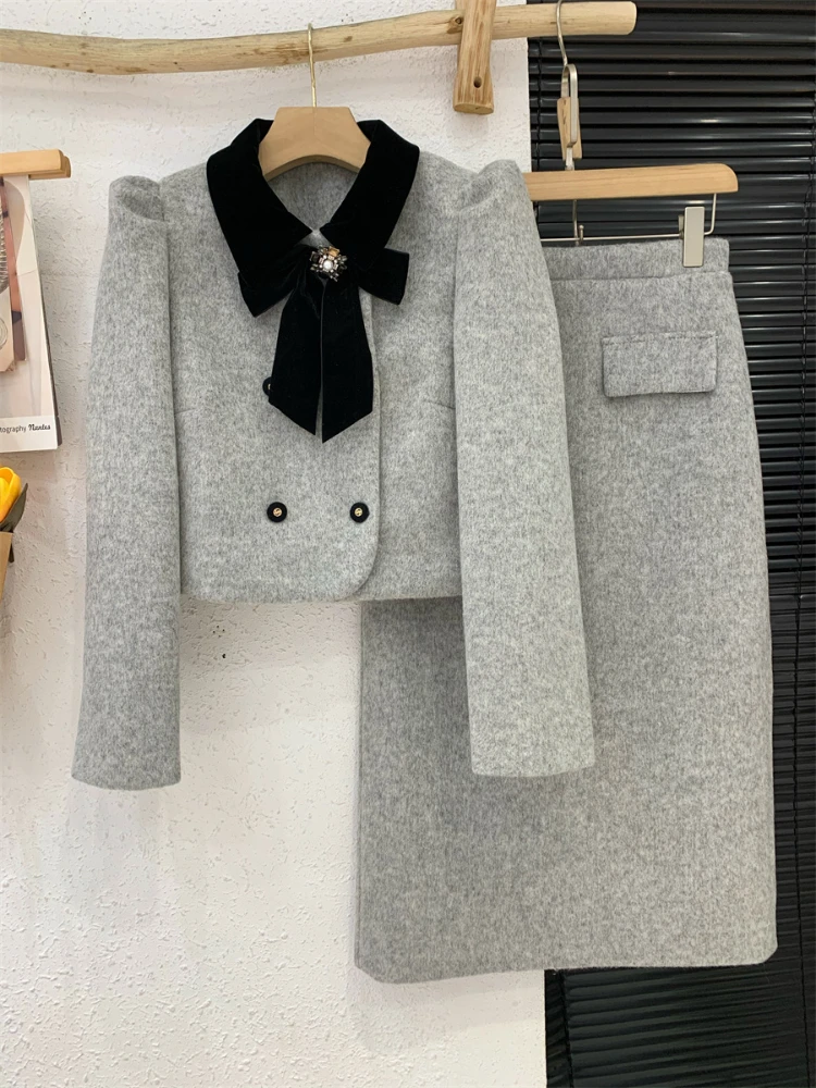 Fashion Commuter Thickened Woolen Suit Women's 2023 Winter Splicing Lapel Bow Double-Breasted Down Coat+Long Skirt Two-Piece Set