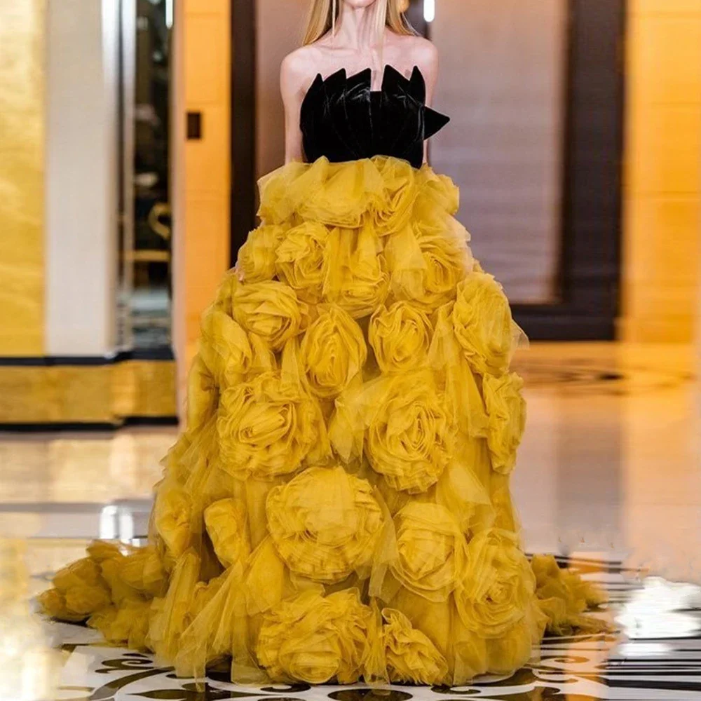Ginger Yellow Dreamlike Skirt New Couture Tulle Skirt Long Women Skirts Lush 3D Floral Full Length Skirt