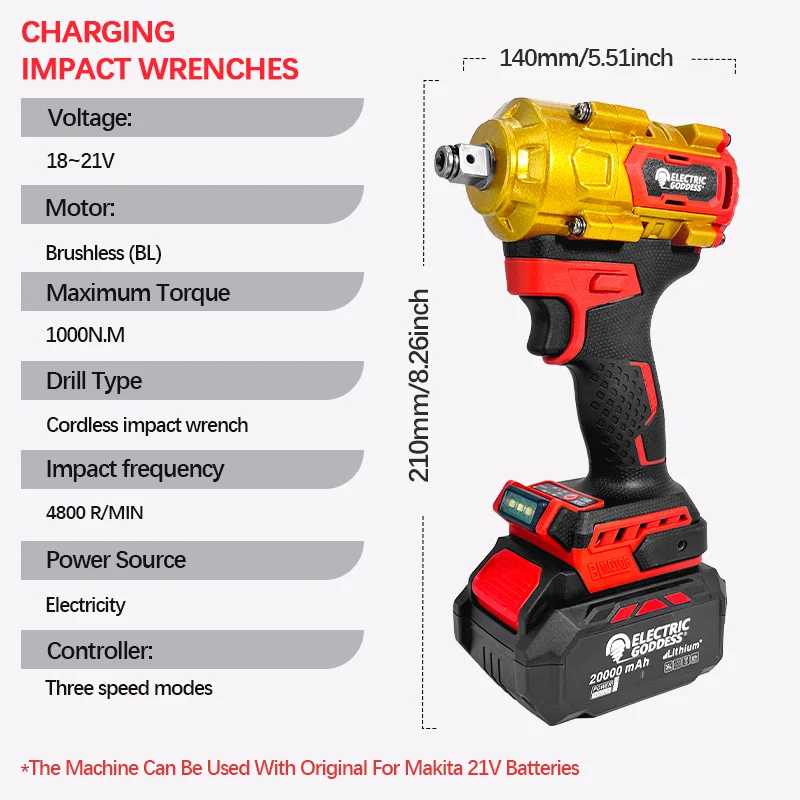 ElectricGodde Chiave elettrica senza spazzole 1000NM Chiave a batteria Cacciavite elettrico Chiave a percussione ricaricabile Set di utensili elettrici