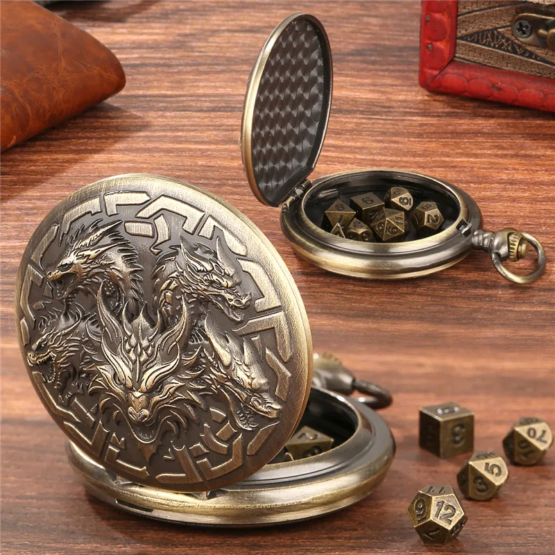 7pcs Tiny Metal Polyhedral Dice Set with Five Dragon Head Pocket Watch Case FOB Chain Entertainment Dices for Role Play Gaming