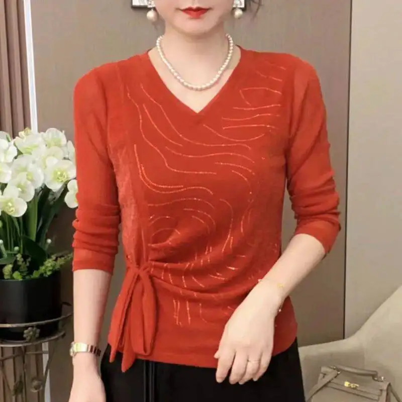 

Spring Autumn Fashionable Mommy Style Long Sleeve T-Shirt Mesh Top Knot Waist Design Versatile Base Layer Trendy Anti-Aging