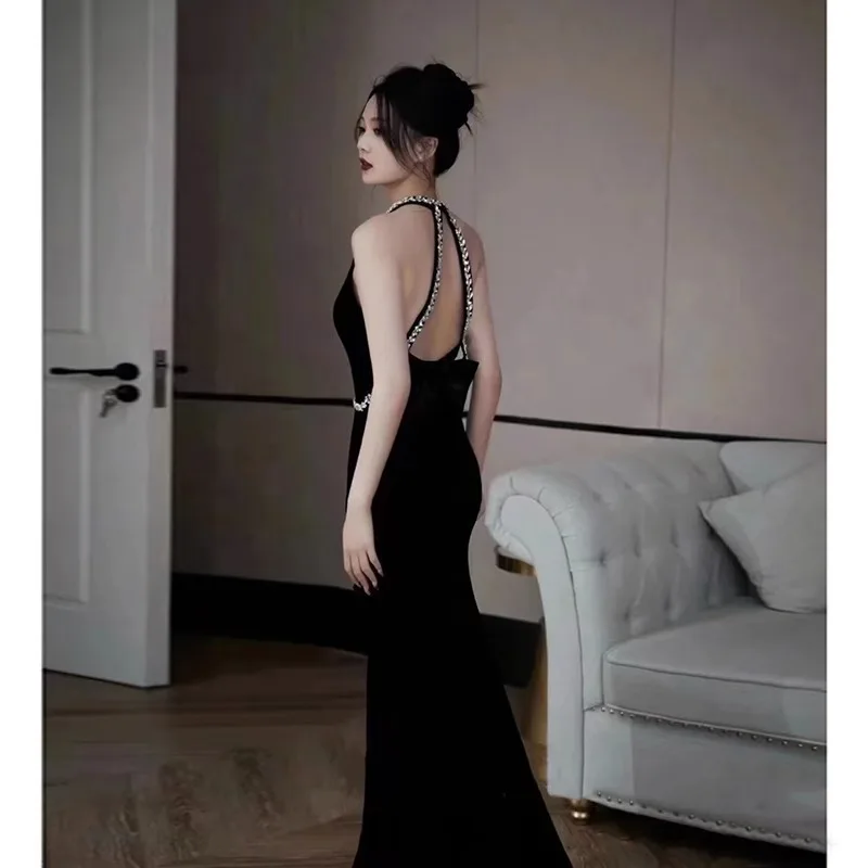 Women Black Velour Mermaid Formal Evening Dresses Sexy Heart Backless Long Prom Gowns