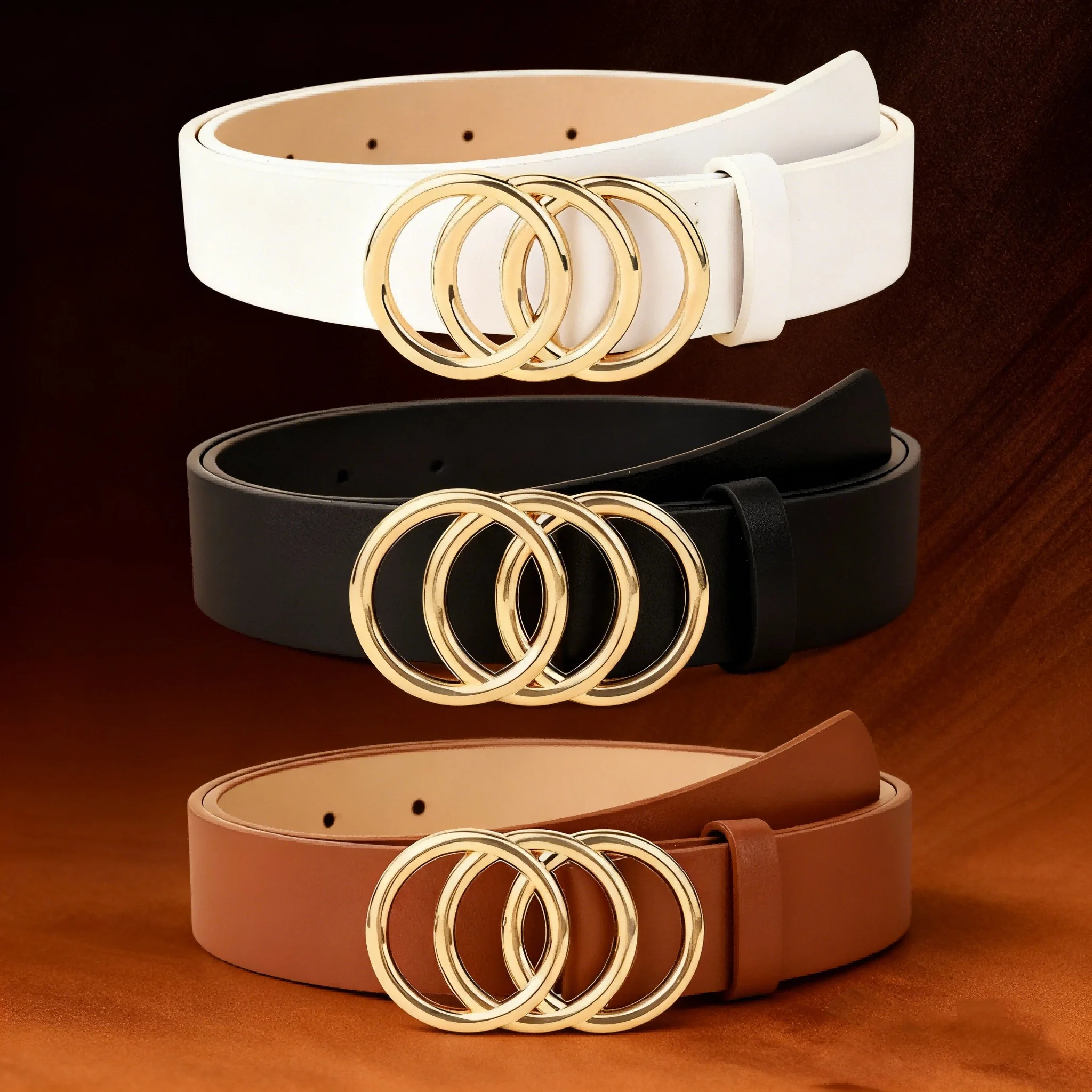 

1 шт. женский легкий роскошный повседневный многоцветный ремень с металлической пряжкой в виде трех кругов для джинсов, универсальный декоративный ремень