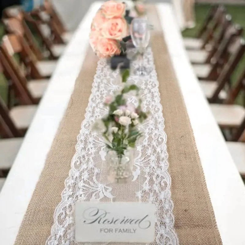 YOZA Burlap Table Runner, 30x275cm Lace Table Runner Vintage Natural Hessian Burlap Table Runners for Wedding Christmas Par