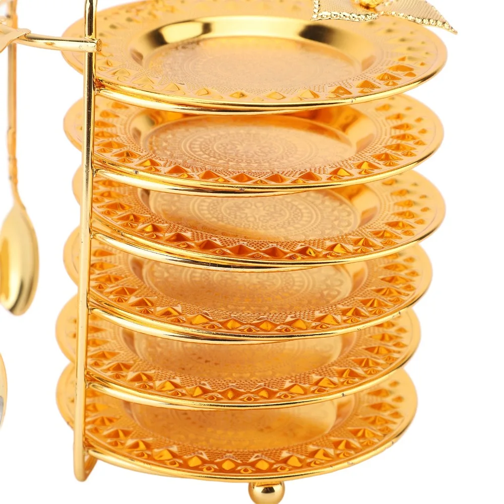 13PCS With Storage Rack Plate Spoon Set European Zinc Alloy Flatware Dinnerware Set Round Gold Coaster With Holder Stand