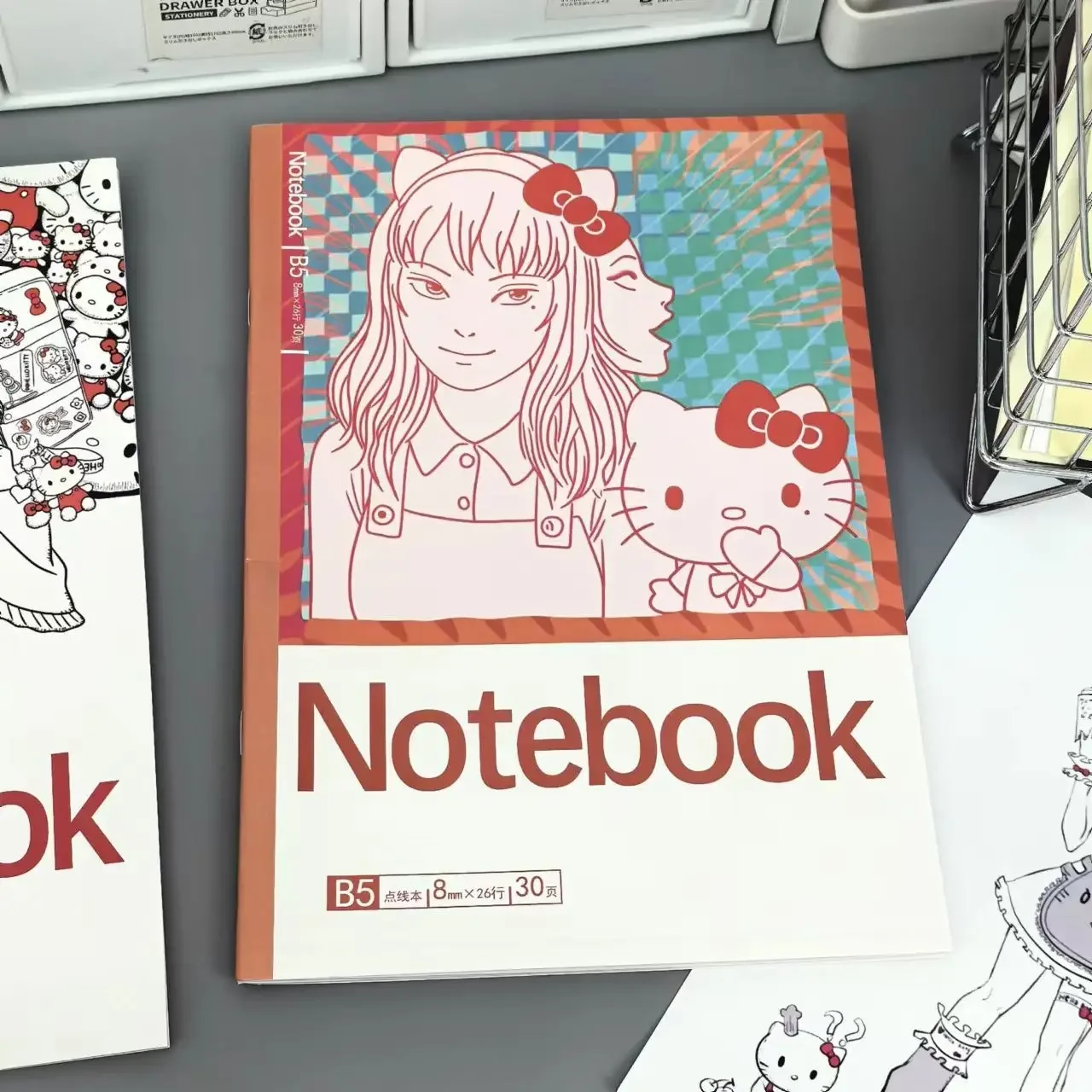 New  Hello Kitty Junji Ito jointly Notebook A5 Horizontal line Hardshell Stationery Anime Kawakami Tomie Notebook Gifts