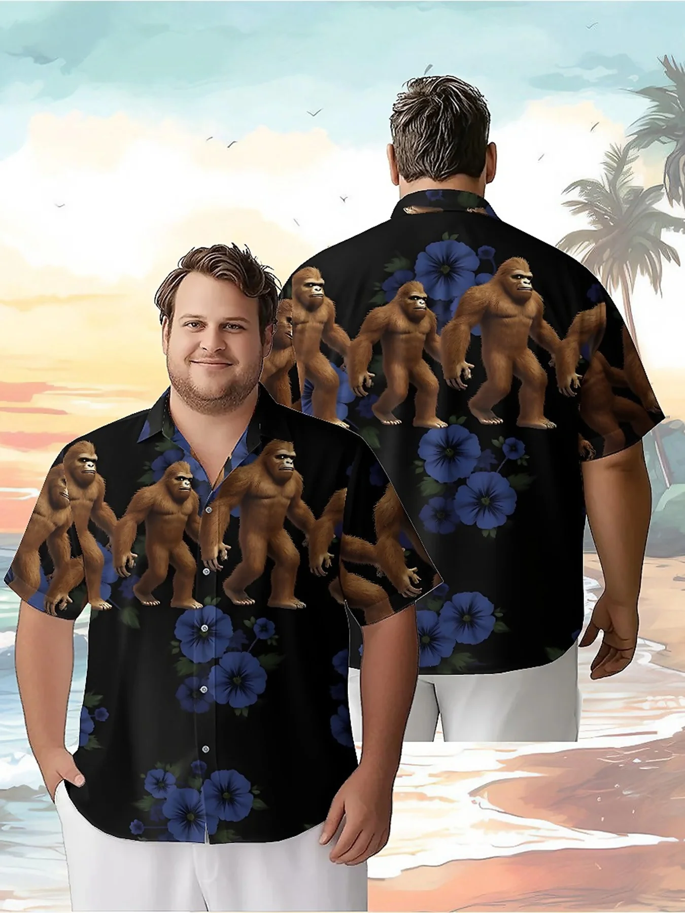 

Men's Plus Size Hawaiian Shirts Sasquatch and Tropical Flowers pattern, Summer Casual Tops, Suitable Outdoor Party, Streetwear