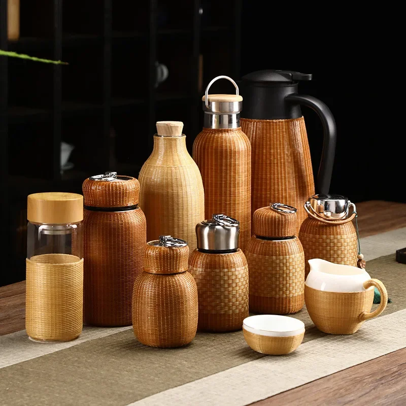 

Vintage Bamboo Woven Thermos Cup, Chinese Hot Kettle Vintage Small Water Bottle, Teacup Travel Portable Cup, High-grade Zen Gift