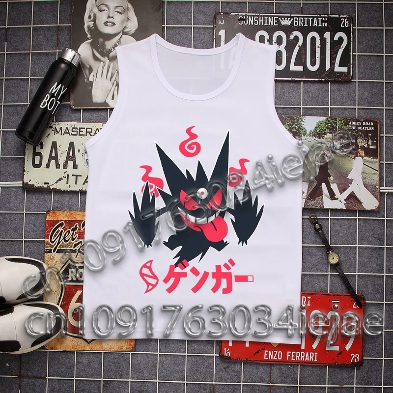 

Черная футболка Pokemon Gengar, хлопковая футболка с рисунком аниме для мужчин и женщин, красные глаза, белые зубы, японский текст, фиолетовый дым, тип призрака
