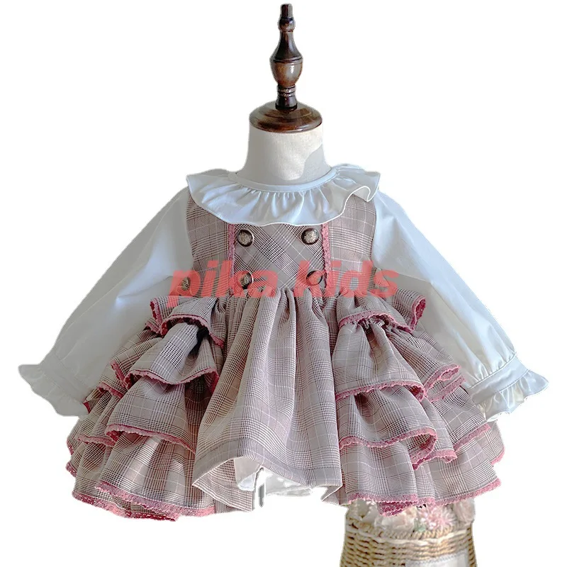 Spring New Lolita Spanish Girl Princess Dress Cotton quality Plaid Long Sleeve Dress Kids Dresses for Girls Party Birthday Dress