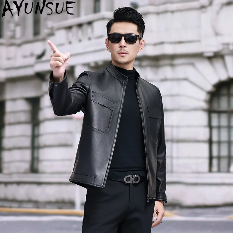 AYUNSUE طبقة علوية سترة جلد البقر الرجال 2025 الكورية نمط حقيقية سترات من الجلد رجل الوقوف طوق قصير معطف جلد أسود #3