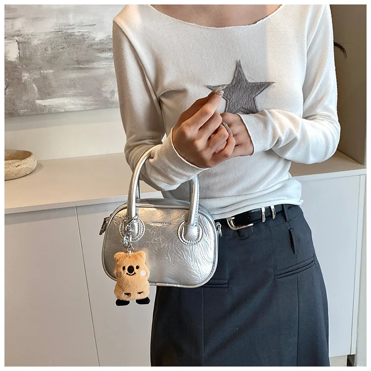 New Luxury 2025 Bowling Bag Fashion Small Square Bag Women High-End Trendy Shoulder Crossbody Bag for Girls Boston Bag Silver