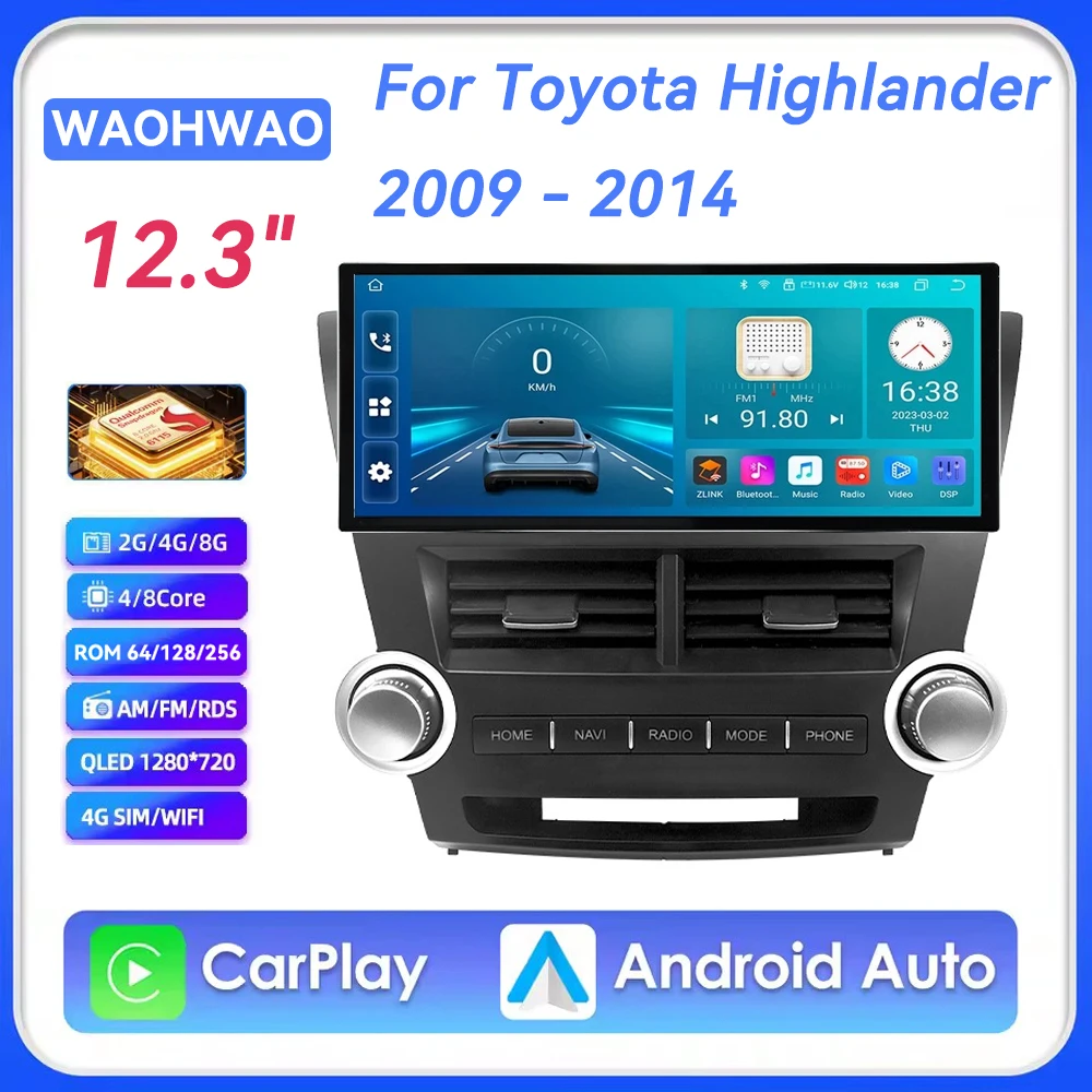 

12,3-дюймовая мультимедийная система Android 16 CarPlay для Toyota Highlander 2009-2014, автомагнитола с навигацией