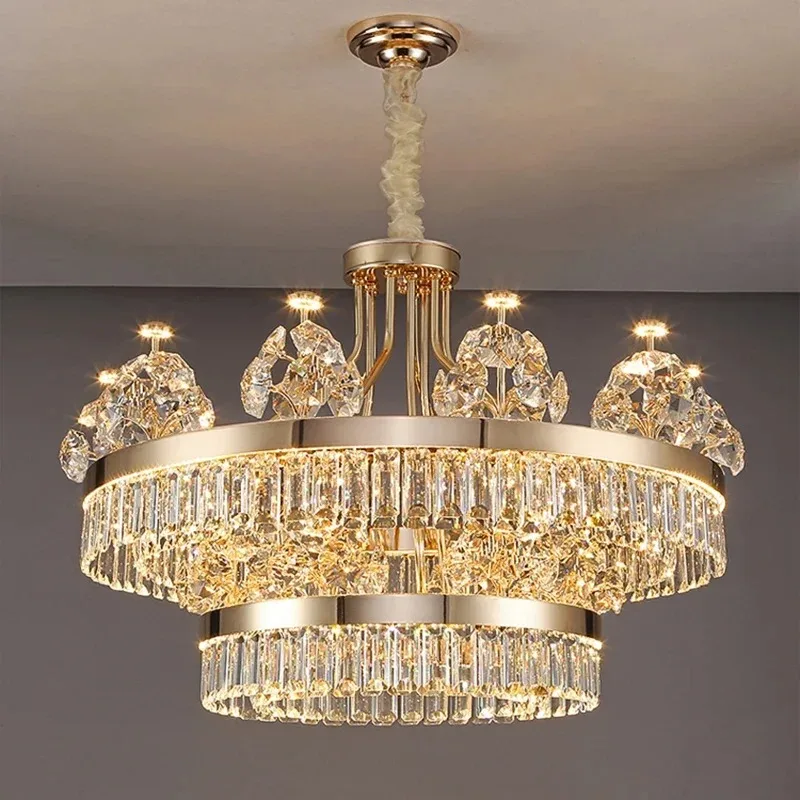 

Postmodern Light Luxury Double-Layer Crystal Chandelier Villa Building Duplex Building Home Atmosphere Living Room Pendant Light