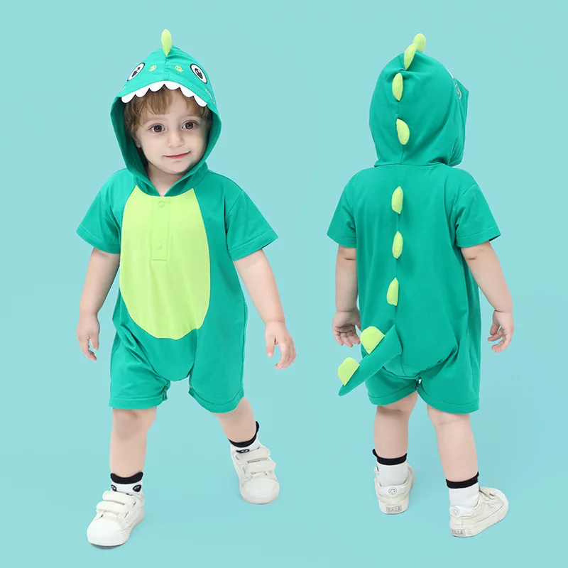 Kawaii Dinosaur Infant Baby Boy Girl Bodysuit Clothes Funny Cartoon Short Sleeve Summer Overall Hooded Onesie Newborn Jumpsuits