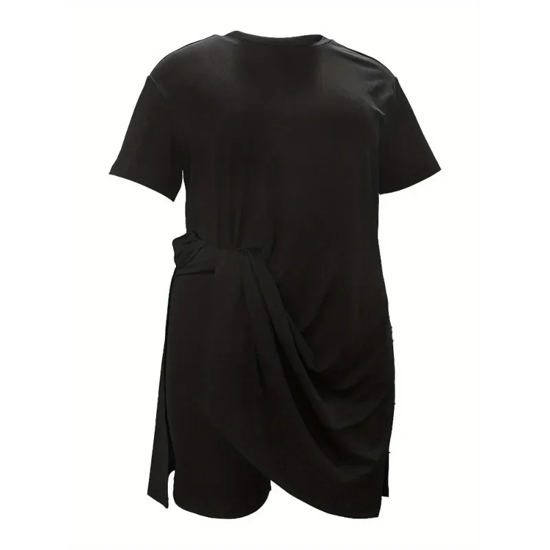 Plus Size 1XL-5XL Women's Fashion Solid Color Round Neck Split Top Ladies Casual Tight Shorts Two Piece Set