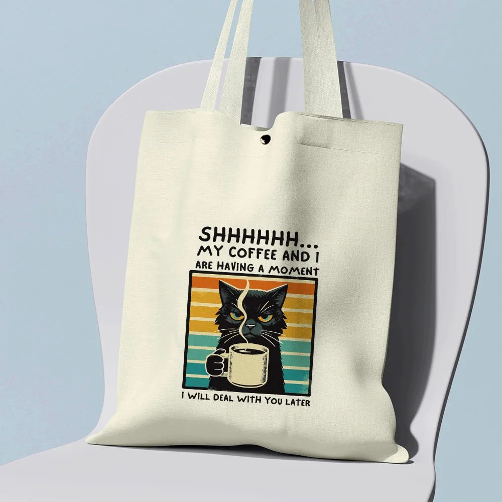 A Black Cat Coffee Aesthetic Pattern Print Canvas Tote Bag, Suitable for Daily Use, Shopping, School, and Travel