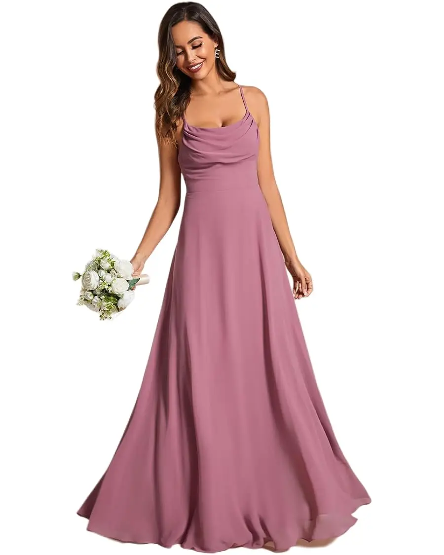 Women's Elegant A Line Spaghetti Straps Cowl Neck Sleeveless Long Bridesmaid Dresses summer party prom formal wedding evening