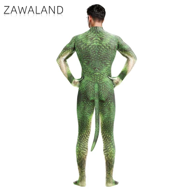 Zawaland Halloween Bodysuits Male Adult Costume With Tail Full Cover Elastic Zentai Suit Cosplay Animal Dragon Print Catsuit