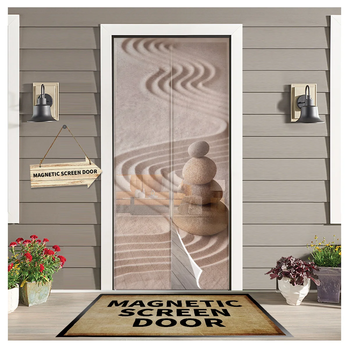 Zen Garden Stones Sand Magnetic Screen Door Curtain Home Summer Window Mosquito Net for Kitchen Bedroom