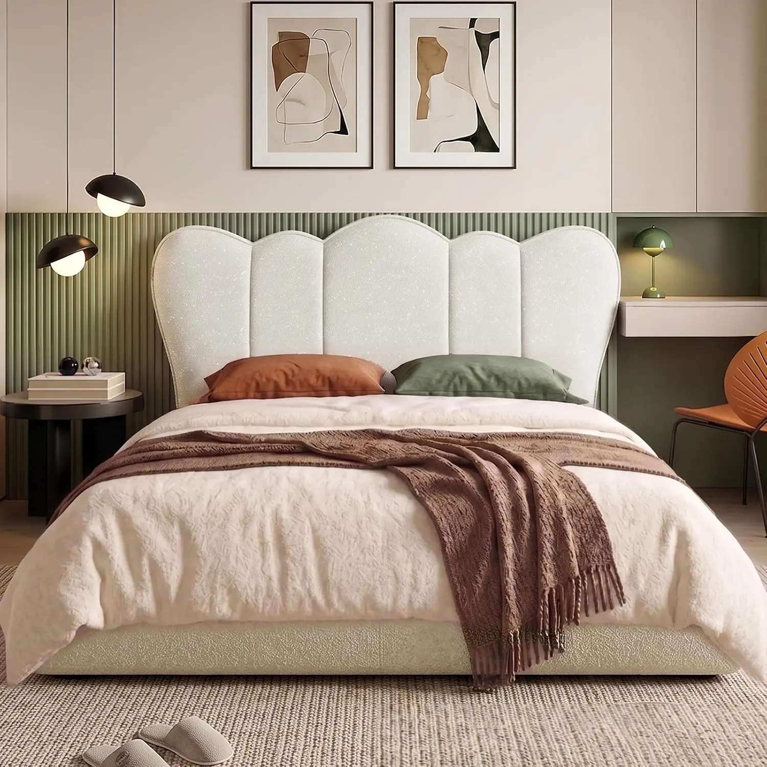 Scalloped Upholstered Headboard Beige High-Density Foam Tool-Free Freestanding No Drilling Renter-Friendly Bedroom, Customized