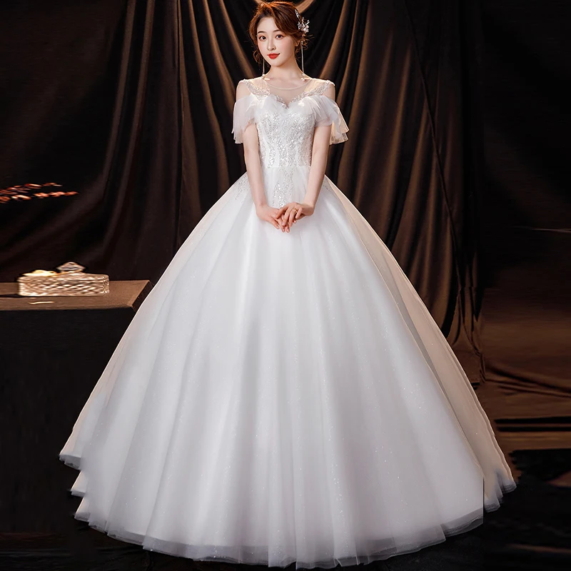Robe de mariée personnalisée, col rond, manches courtes, paillettes, Tulle blanc, grande taille, longueur au sol, robe de mariée pour femmes
