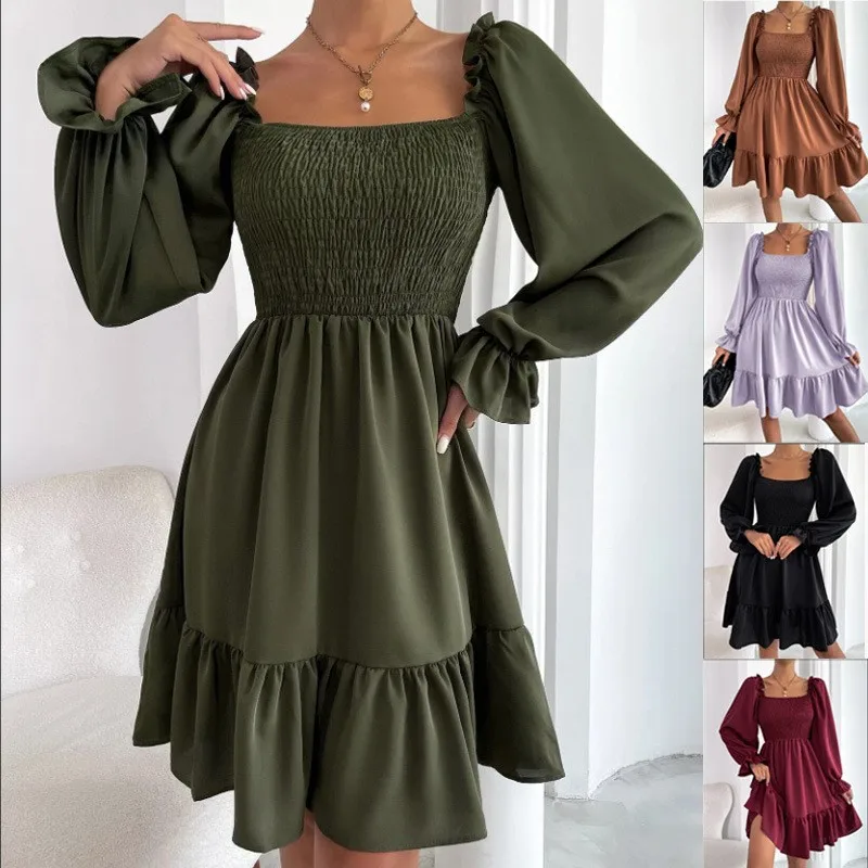 

Square Neck Parallel Crepe Sewn Dress Hem Ruffle Dresses Woman Vetement Femme Tendance Vestidos Longos Vestidos De Manga Larga