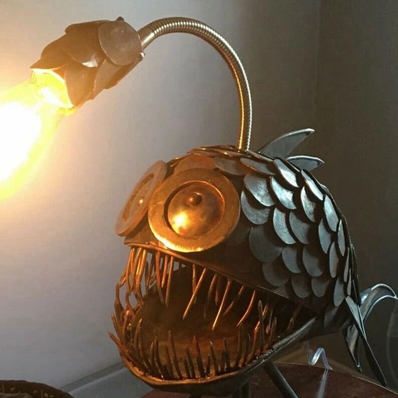 2X Angler Fish Lamp USB Rechargeable Desktop Metal Light Handmade Craft Home Living Room Decoration Small