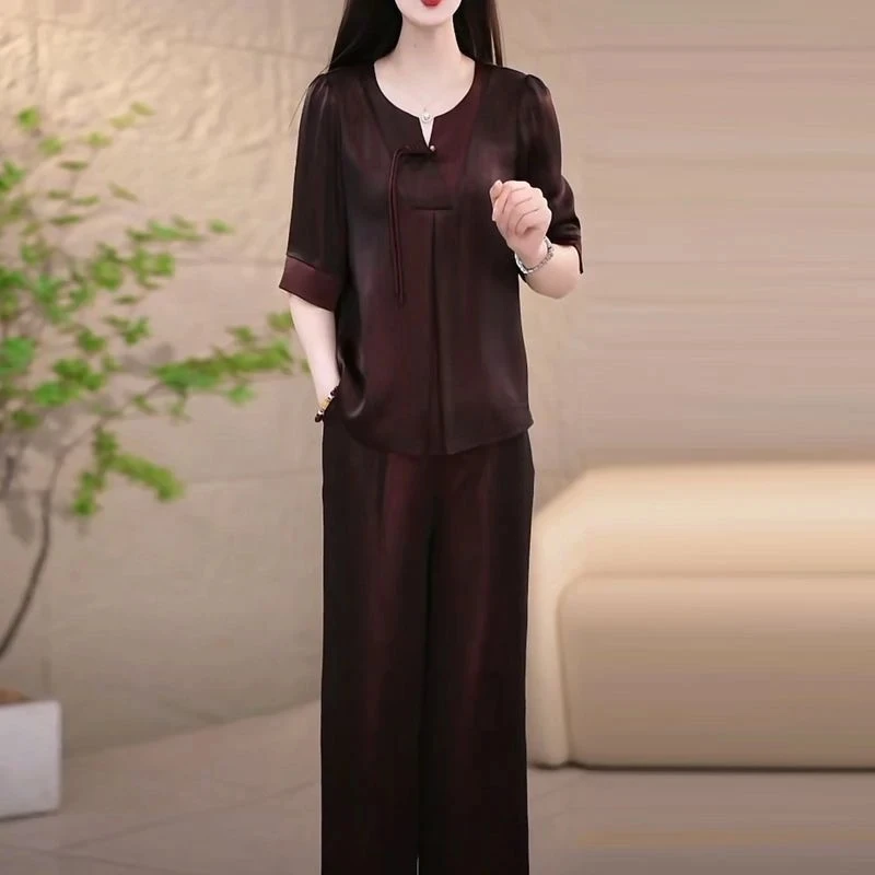 

Высококачественный атласный топ и брюки из ледяного шелка, модный комплект, новинка лета 2025 года, офисные женские элегантные костюмы, женский наряд из 2 предметов