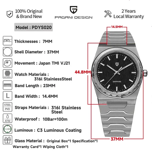Imagen 2 del producto 2025 nuevo Reloj de cuarzo PAGANI DESIGN para Hombre 37MM VJ21 zafiro relojes de pulsera impermeables de acero inoxidable Reloj Hombre PDYS020
