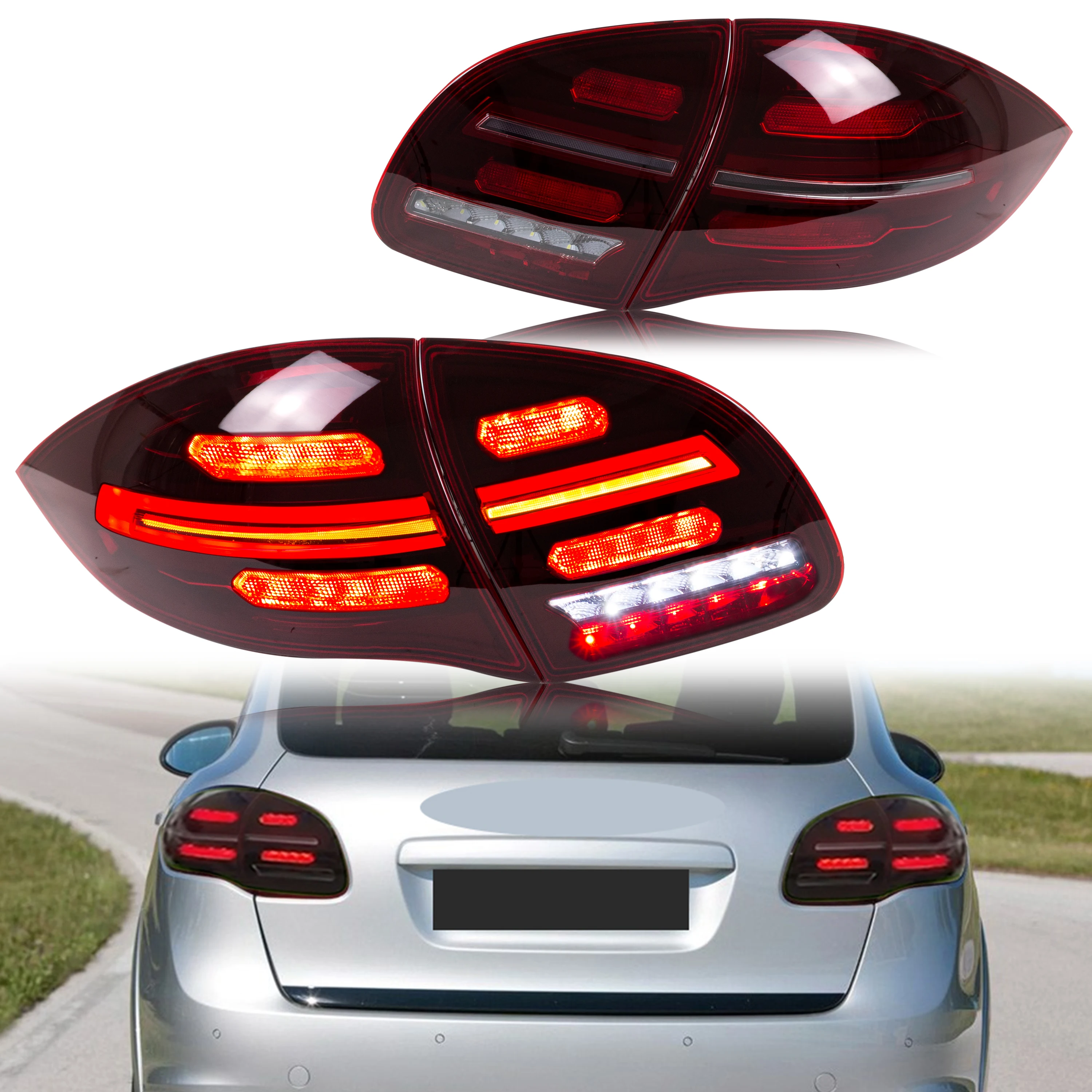 أضواء خلفية LED لبورشه كايين 958 92A 2011-2014 مجموعة المصابيح الخلفية الحمراء لإشارة الانعطاف المتتابعة