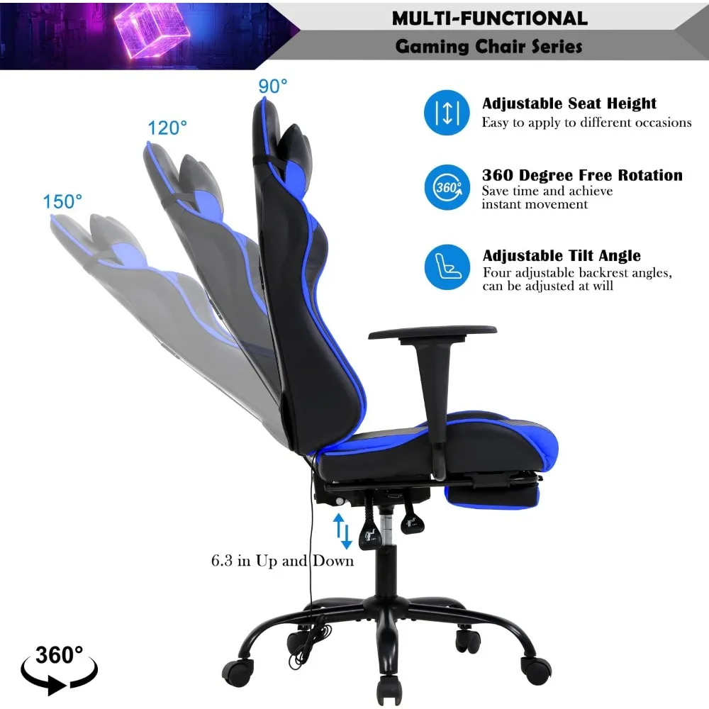 Blue Massage Gaming Chair with Footrest, PU Leather Gaming Chairs for Adults, High Back Office Chair Ergonomic Desk Chair Comput