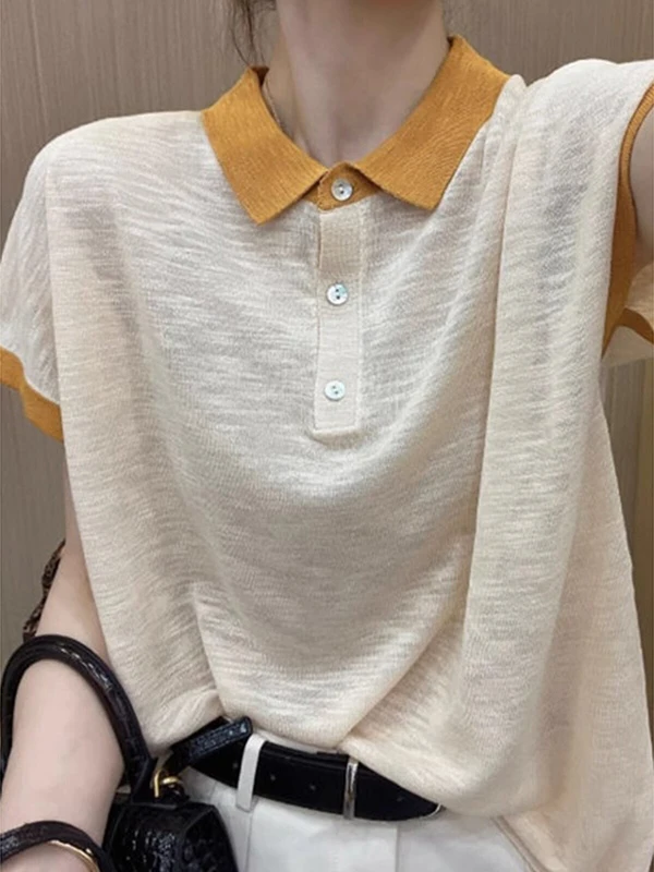 Fashionable Summer Women's Loose Short Sleeve T-shirt Color Block Design Commute Style Korean Version All-Match Casual Top