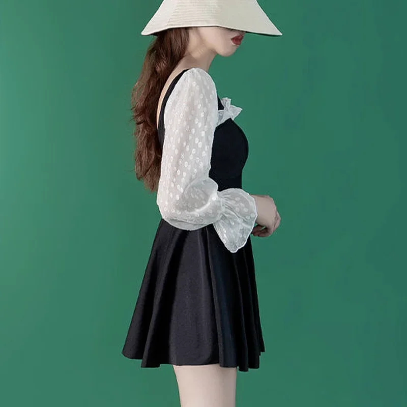 Cover-up Women New Mesh Patchwork Black Flare Sleeve Pareos Playa Summer Swimwear Retro French Style Princess Chic Holiday Lady