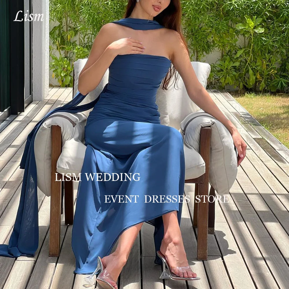 

LISM Sheath Blue Evening Dresses Floor-Length Strapless Prom Gown Elegant Simple robe de soirée Photo Shoot