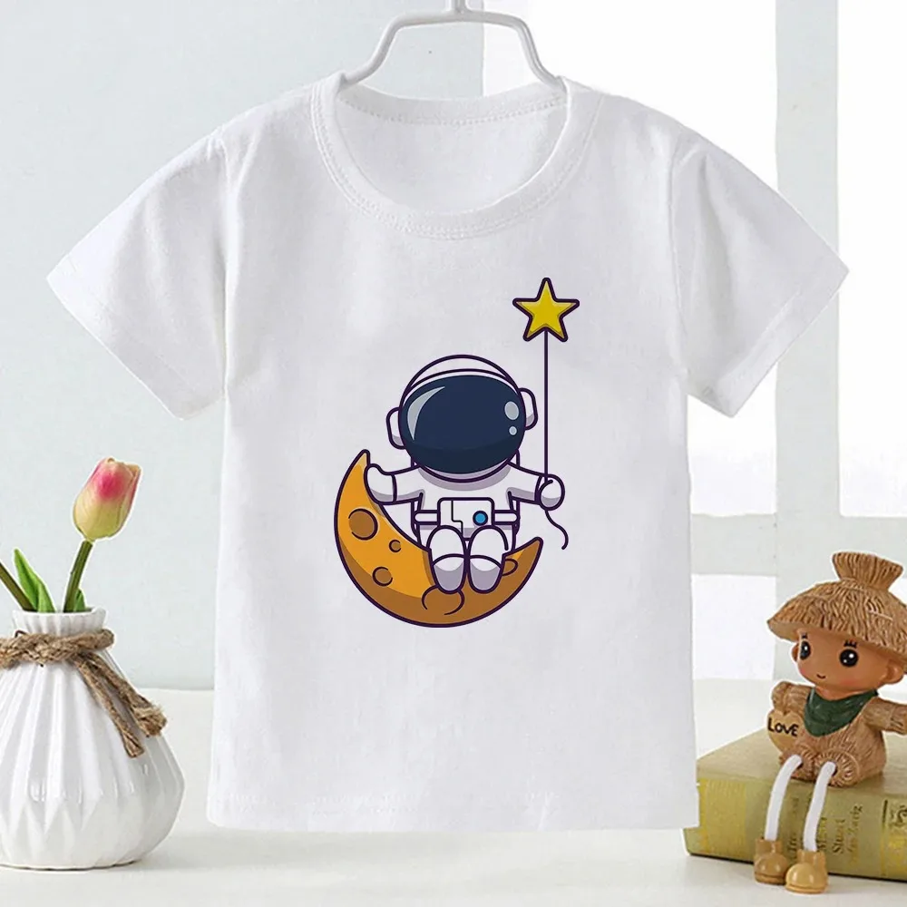 Cotton T-Shirt  Kids Cartoon Clothes Cute Astronaut Print T Shirt Enfant Boys Girls Summer Short Toddler Tees Harajuku Plus Size