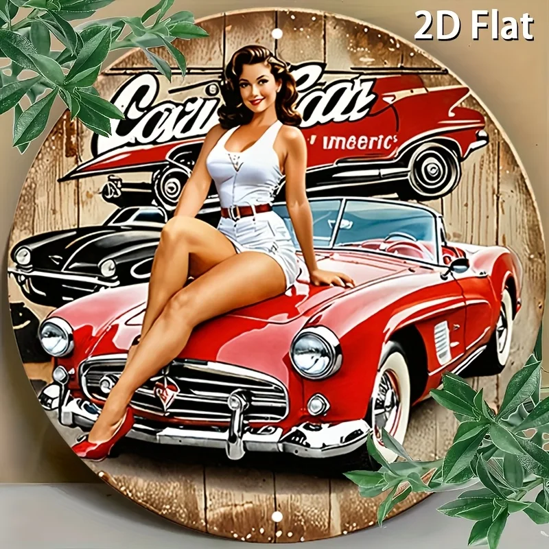 [مسطح [مسطح] لافتة معدنية من القصدير للسيارة العتيقة - ديكور حائط دائري من الألومنيوم مع رسم توضيحي لفتاة السيارة الكلاسيكية، سيارة حمراء قديمة