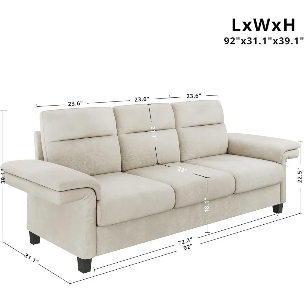 92Inch Sofa,Comfy Lounge Couch with Adjustable armrests, Extra Deep Seats 3 Seater Sofa,Modern Couches for Living Room/Apartment