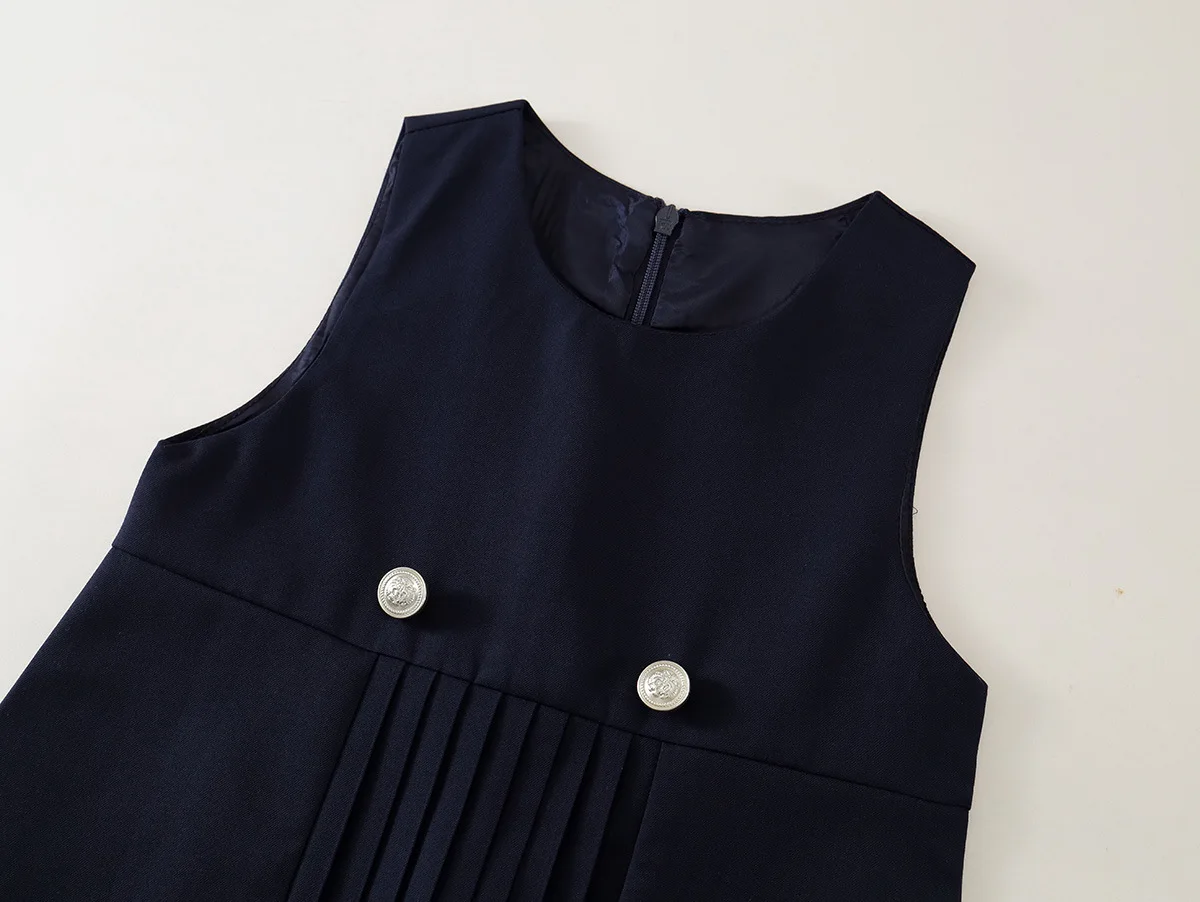 2026 Spring and Autumn New Girl's Dress Children's Campus Style Navy Blue Sleeveless Pleated Tank Top Dress