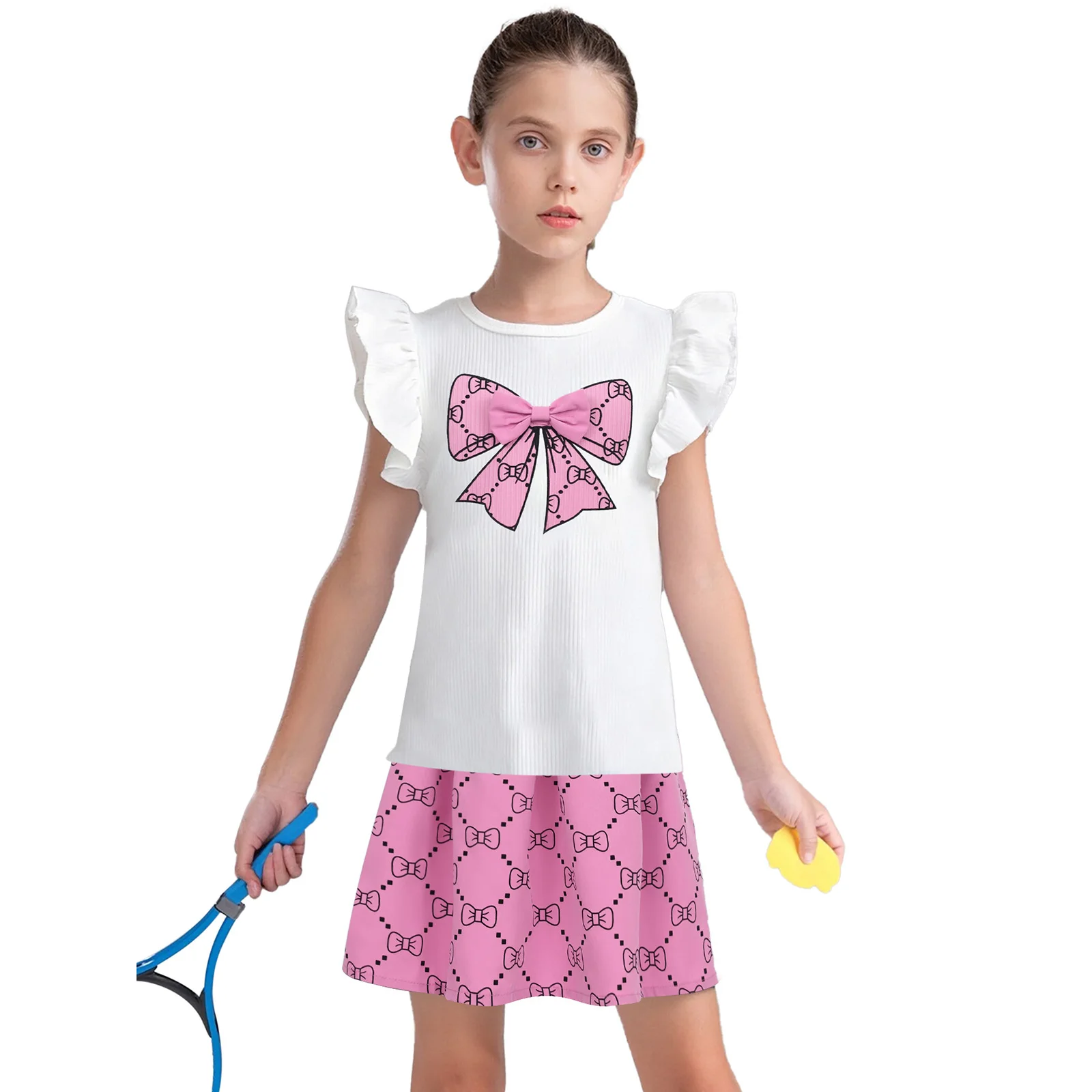 

Детская одежда для девочек, комплект из 2 предметов, летний милый топ в рубчик с рюшами и принтом банта и плиссированной юбкой для отпуска, дня рождения выходного дня