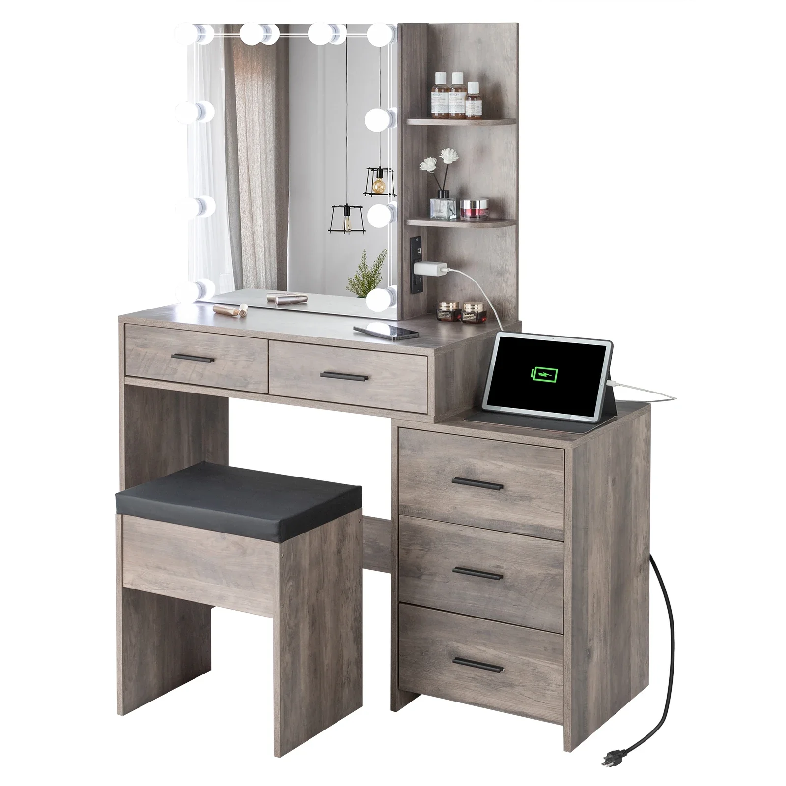 Dressing Table Set FCH Particleboard Triamine Veneer 5 Pumps 2 Shelves Mirror Cabinet Three Dimming Light Bulb Grey