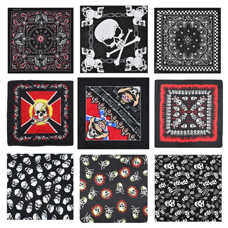 54x54cm Unisex Skull Theme Colorful Cotton Fabric Square Bandanas Graphic Print Gothic Scarf Sport Hip-Hop Wristband Hair Wrap