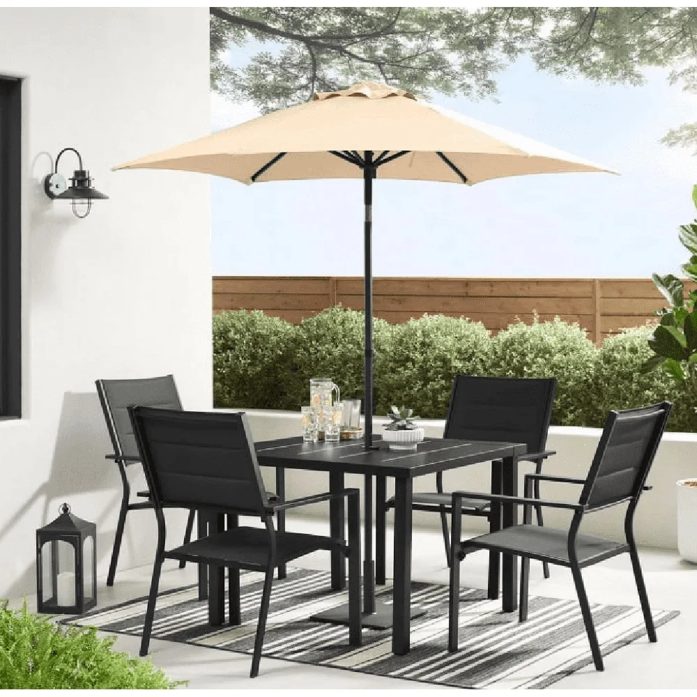 

Square Outdoor Dining Set 4 with Rust Resistant Steel Table and Comfortable Armchairs Ideal Patio Porch Deck Gatherings
