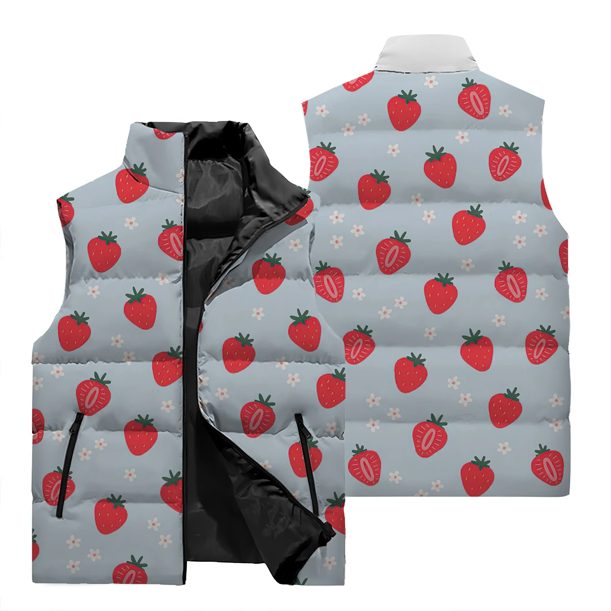 

Winter casual jacket men's warm vest pink strawberry print jacket comfortable vest Harajuku streetwear men's trendy fashion clot