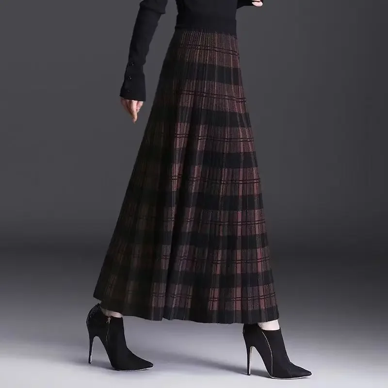 

Plaid Skirts for Women Knitted Skirts Winter Long Skirts Woman Fashion 2023 Warm Black Skirt Large Size Elegant Long Skirt Women