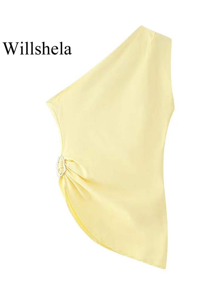 Willshela Women Fashion Yellow Pleated Bandage Asymmetrical Tops Vintage Backless One Shoulder Female Chic Lady Tops