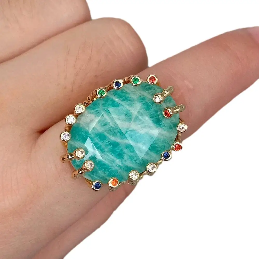 YYGEM 21x28mm Big Stone Ring Natural Green Amazonite New Fashion Gold Plated Amazonite Ring